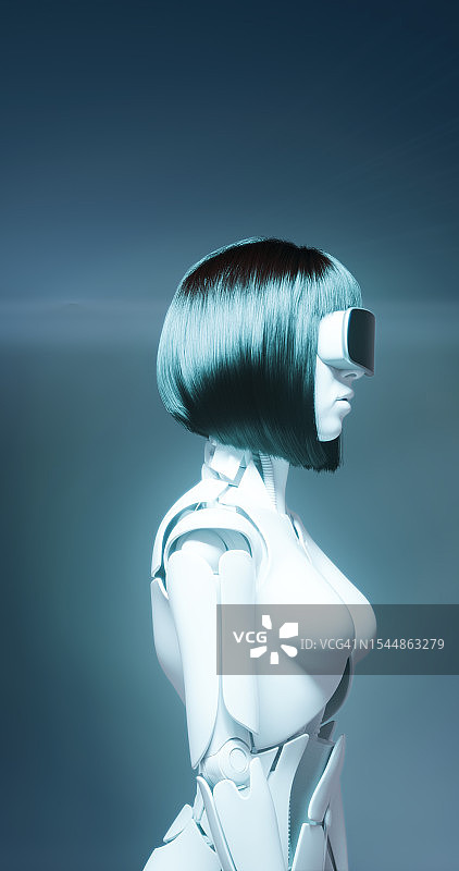 戴着VR眼镜的机器人女孩侧身站立图片素材