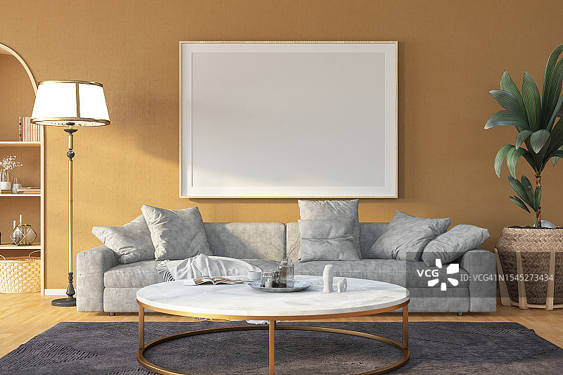斯堪的纳维亚风格米色客厅，配有沙发和空白样机相框图片素材