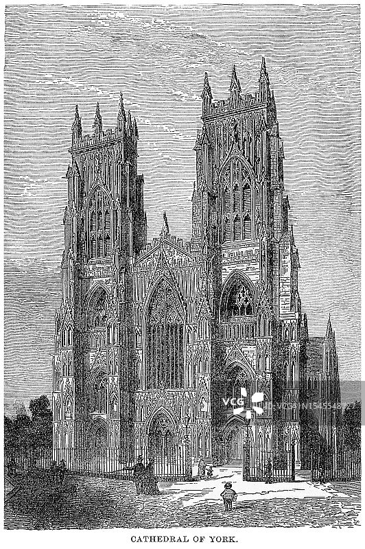 约克大教堂古老雕刻插图，英格兰北约克郡图片素材