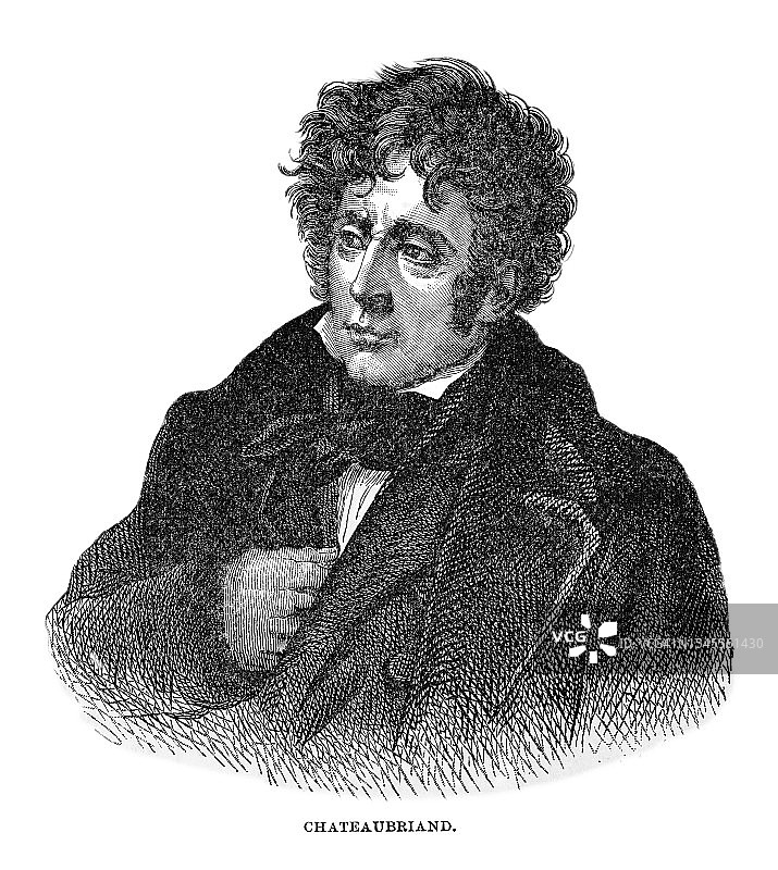 法国作家、政治家、外交家和历史学家弗朗索瓦-勒内·德·夏多布里昂子爵肖像图片素材