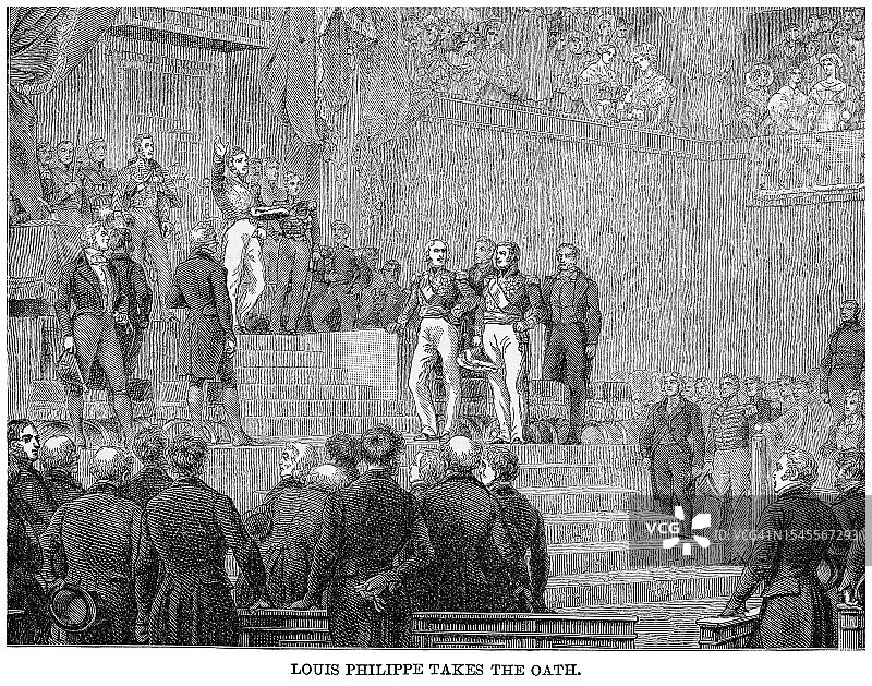 路易·菲利普，奥尔良公爵前往市政厅的老雕刻插图（巴黎，1830年）图片素材