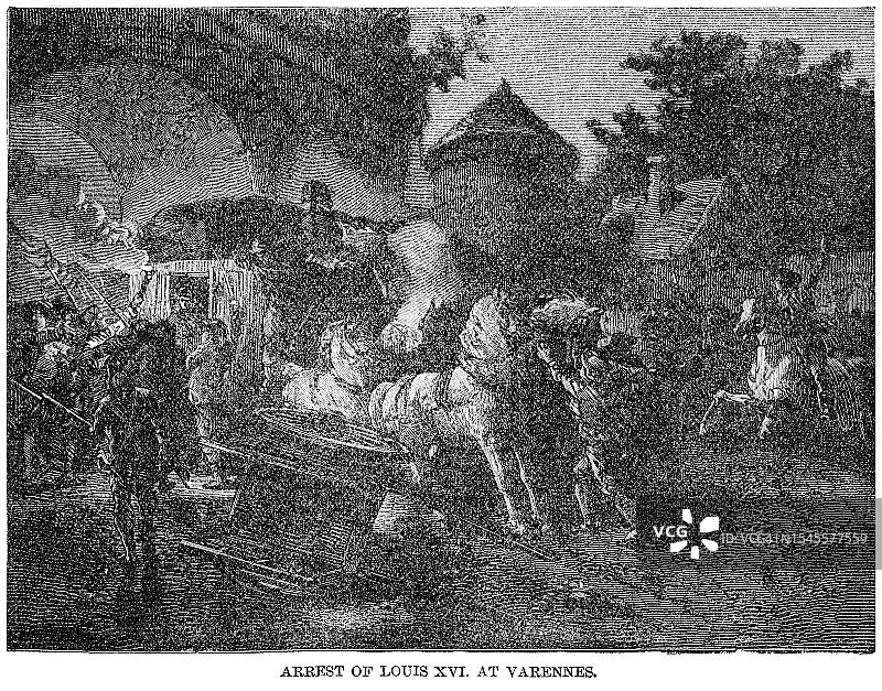 路易十六在瓦雷讷被捕的古老雕刻插图图片素材