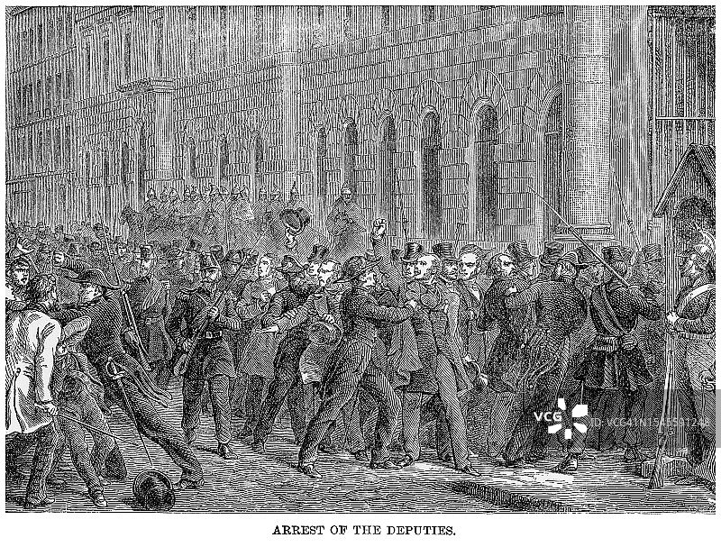 1848年法国二月革命时期逮捕代表场景古老雕刻插图图片素材