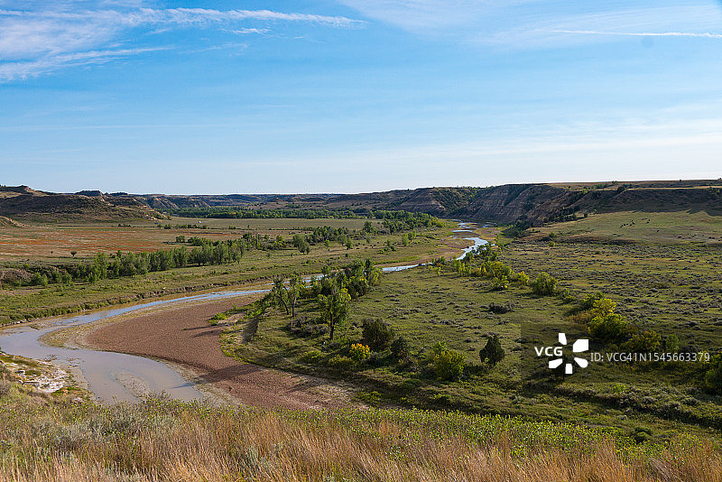 密苏里河在北达科他州荒地中蜿蜒图片素材