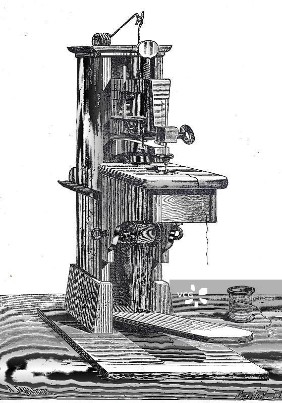 蒂莫尼耶缝纫机，巴泰勒米·蒂莫尼耶是第一家缝纫机制造商，约1840年，法国，历史照片，19世纪原版数字修复复制品图片素材