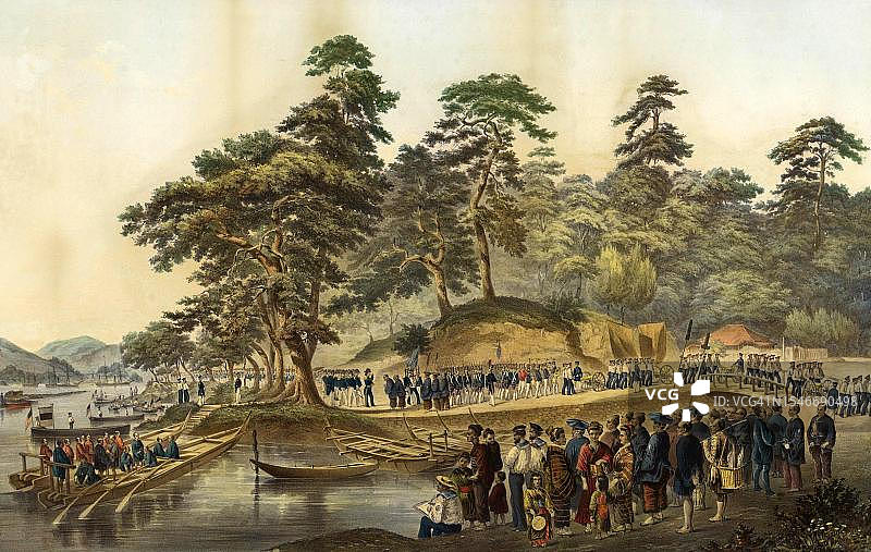 佩里准将及其舰队官兵在日本下田会见帝国专员，1854年6月8日，19世纪历史原版数字化修复图片素材