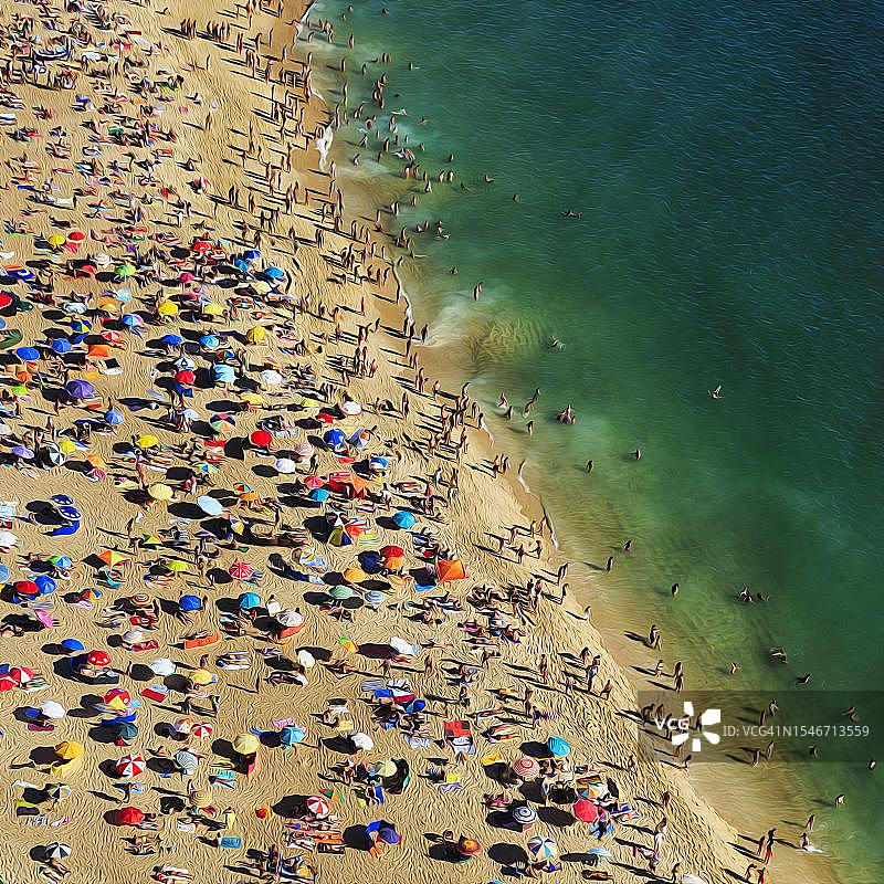 葡萄牙大西洋海岸海滩上彩色遮阳伞人群鸟瞰图片素材