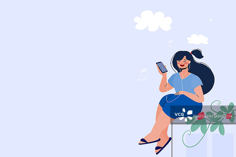 使用技术插图概念的人们：一位女士在花园里享受音乐时使用智能手机图片素材