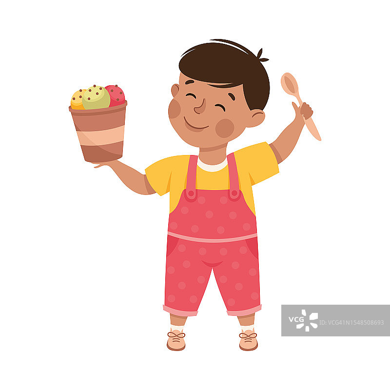 快乐的小男孩吃甜冰淇淋矢量插画图片素材