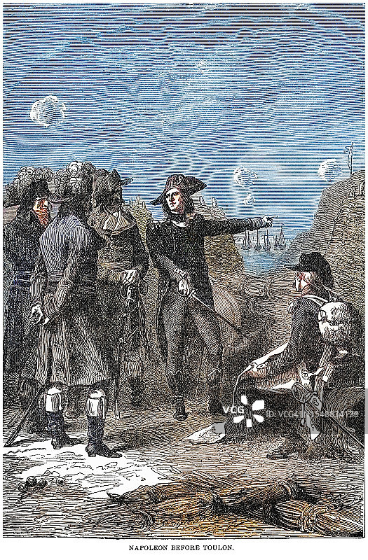 拿破仑·波拿巴在土伦围攻战前的古版画插图（1793年8月29日至12月19日），这是法国革命战争期间联邦党人叛乱期间发生的一场军事行动图片素材