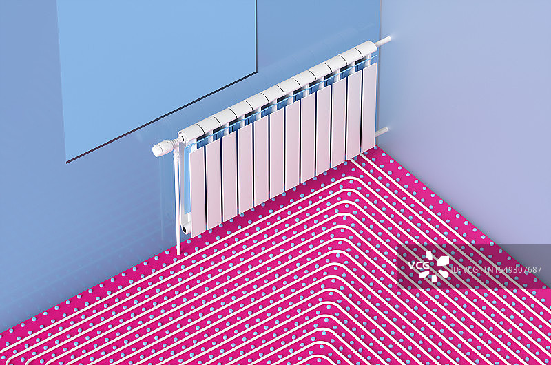 房屋内的散热器和地暖系统特写图片素材