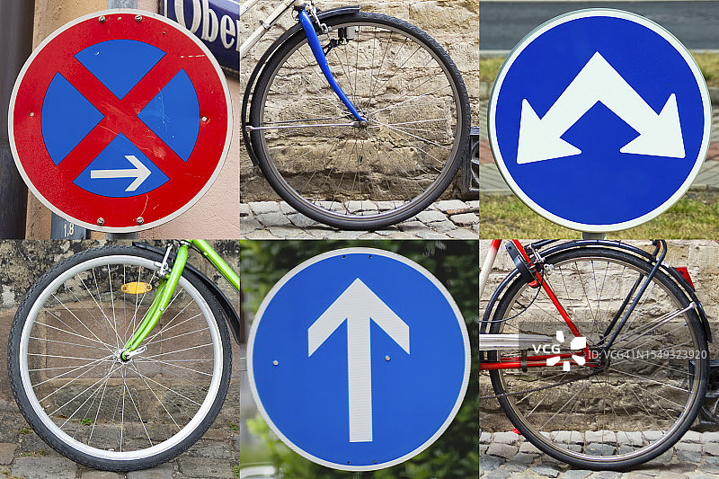 欧洲的自行车轮和道路标志合集图片素材
