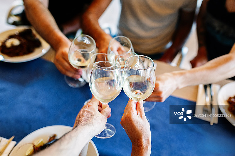 一群年轻人在夏季度假时一边吃海鲜饭，一边举杯庆祝。多种族朋友在餐厅庆祝生日图片素材