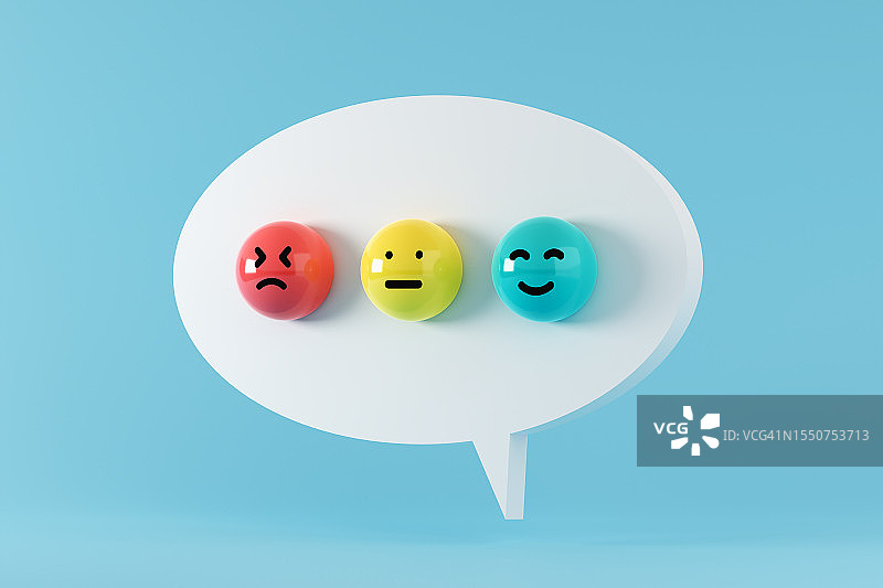 带有快乐、悲伤和中性面孔的语音气泡球体，客户反馈或评估图片素材