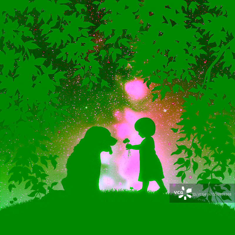 夜晚的女孩和小狗图片素材