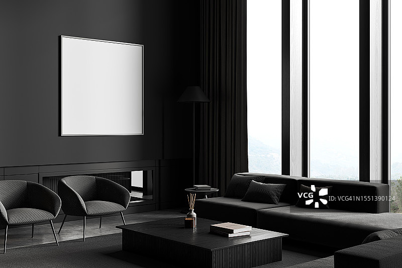 灰色客厅内饰沙发、扶手椅和海报图片素材