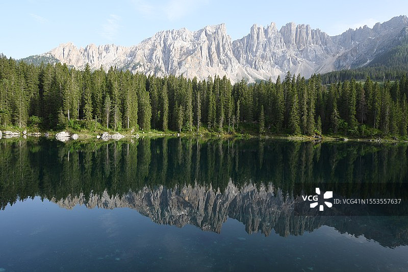树木映衬天空的湖景图片素材