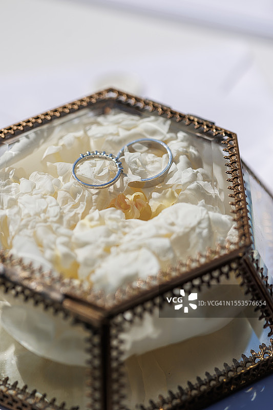 玻璃盒中的精美结婚戒指图片素材
