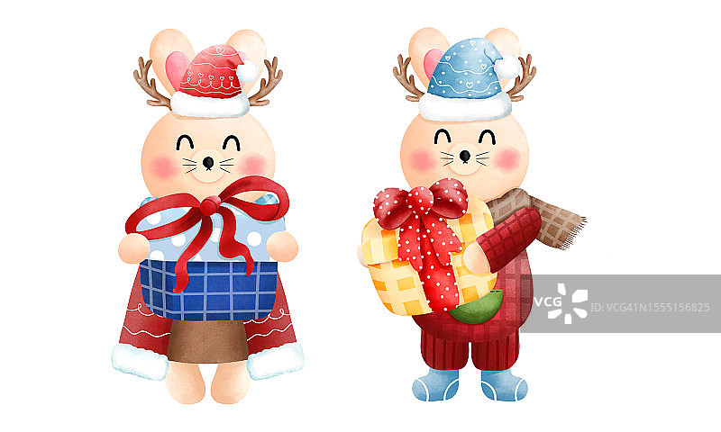 节日圣诞兔子剪贴画套装，可爱的小兔子，有礼品盒、鹿角、围巾、帽子和圣诞服装图片素材
