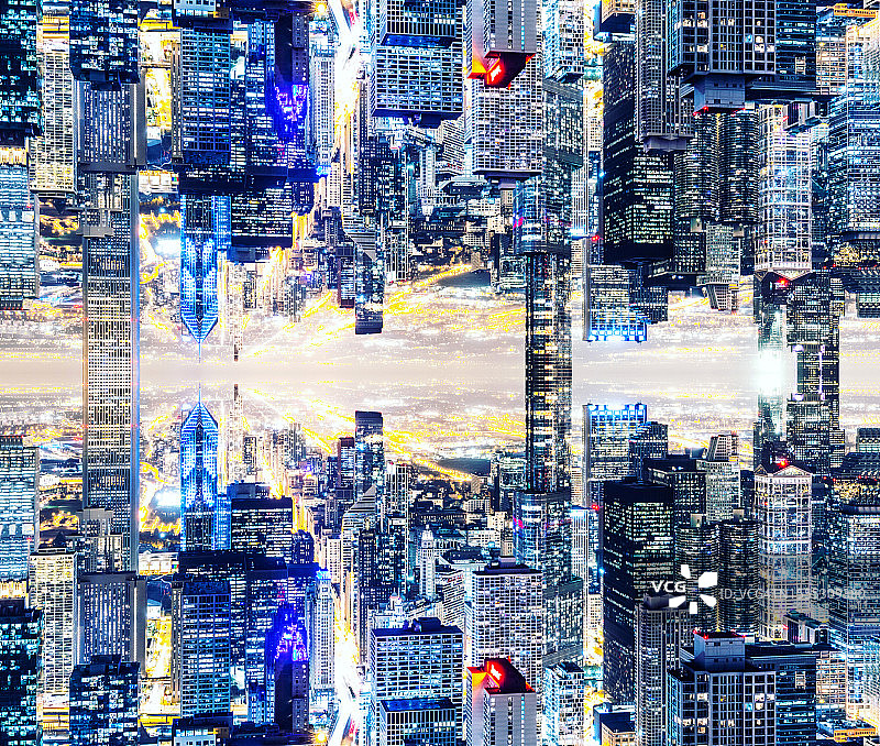 超现实主义的芝加哥夜景与倒置镜像效果图片素材