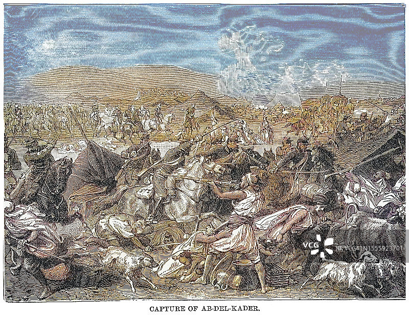 1843年5月16日：法军征服阿尔及利亚期间，阿卜杜勒·卡德尔的斯马拉被俘虏古老雕刻插图图片素材