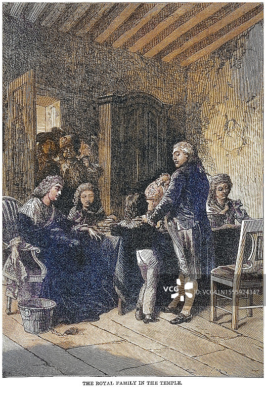法国王室在圣殿监狱——路易十六、玛丽·安托瓦内特王后、王太子、王太女和国王的妹妹伊丽莎白夫人图片素材