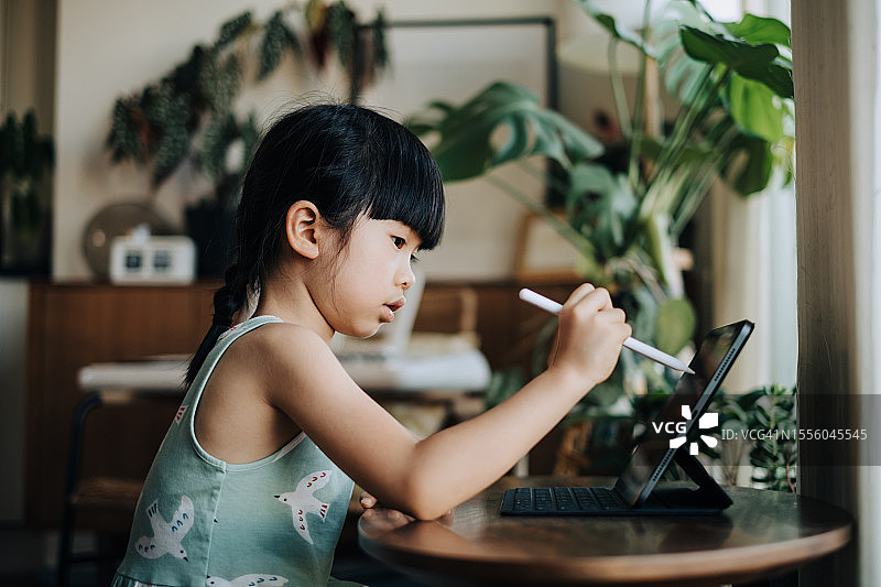 亚洲小女孩在家使用平板电脑。小女孩在客厅里使用平板电脑和视频会议应用程序做作业和在线学习。儿童参与数字技术图片素材