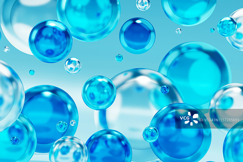 蓝色分子、球体、液滴3D气泡图案，美容背景，医疗保健，护肤化妆品图片素材