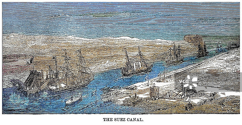 埃及苏伊士运河旧雕刻插图：连接地中海和红海的人工海平面航道图片素材