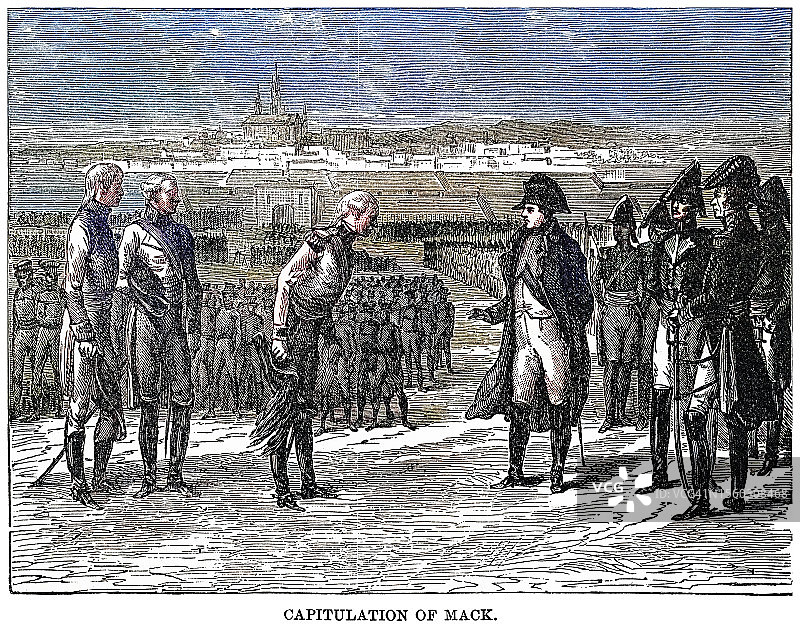 马克投降：1805年乌尔姆战役老式雕刻插图图片素材