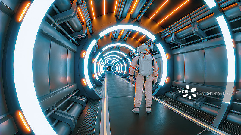 宇航员站在霓虹灯隧道中，准备开始旅程图片素材