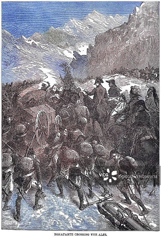 拿破仑率法军穿越阿尔卑斯山古老雕刻插图图片素材