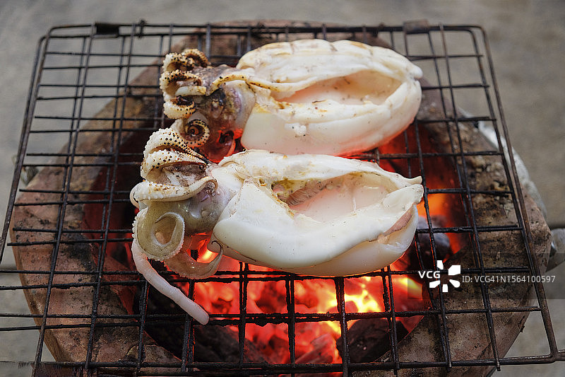 炭火烤鱿鱼特写图片素材