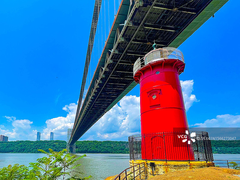 乔治·华盛顿大桥下的红色小灯塔，纽约市图片素材