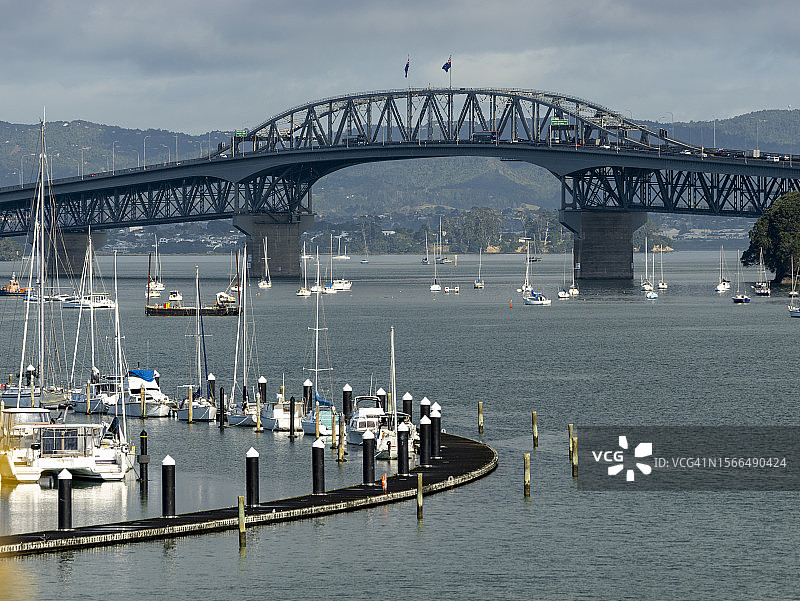 新西兰奥克兰的贝斯沃特码头和奥克兰海港大桥图片素材