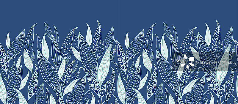 蓝色树叶横向无缝图案边框图片素材