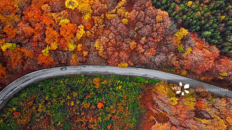 秋日彩色森林中蜿蜒山路的航拍俯视图图片素材