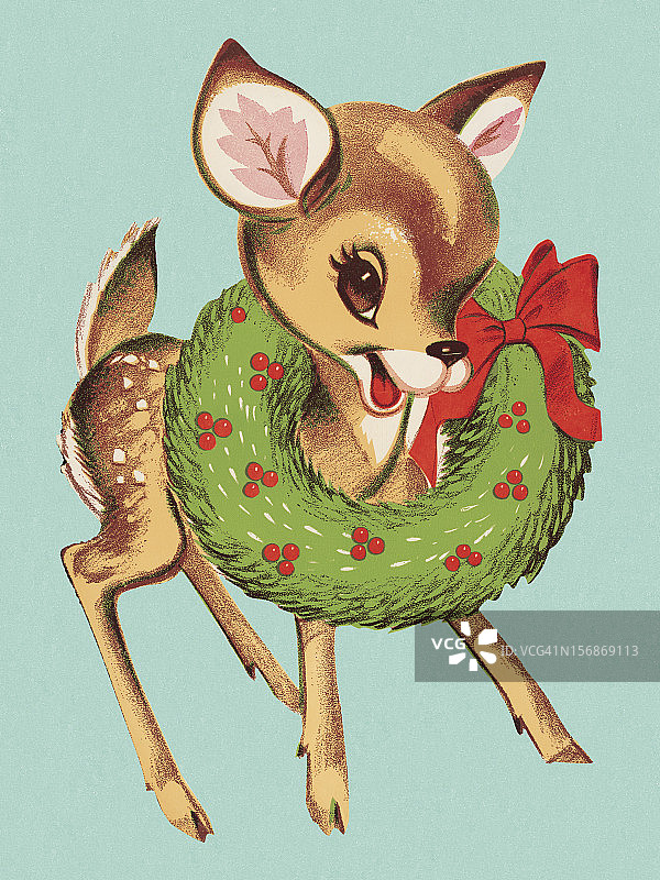 脖子上戴着圣诞花环的母鹿图片素材