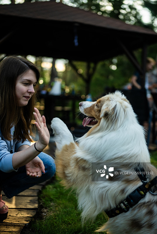 女子在公园训练她的狗击掌图片素材