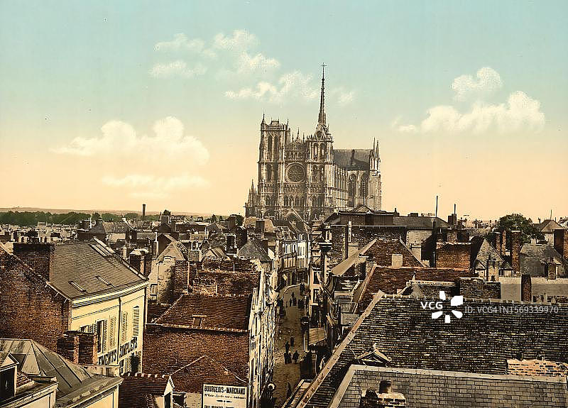 法国上法兰西大区索姆省亚眠全景，约1890年，历史照片的数字增强再现，1895年图片素材