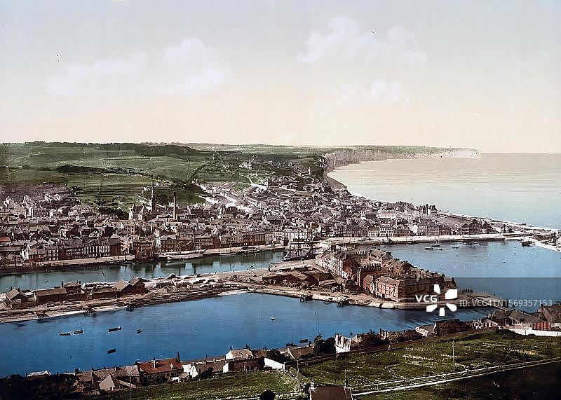 法国诺曼底费康 overview，约1890年，历史照片的数字化增强版图片素材