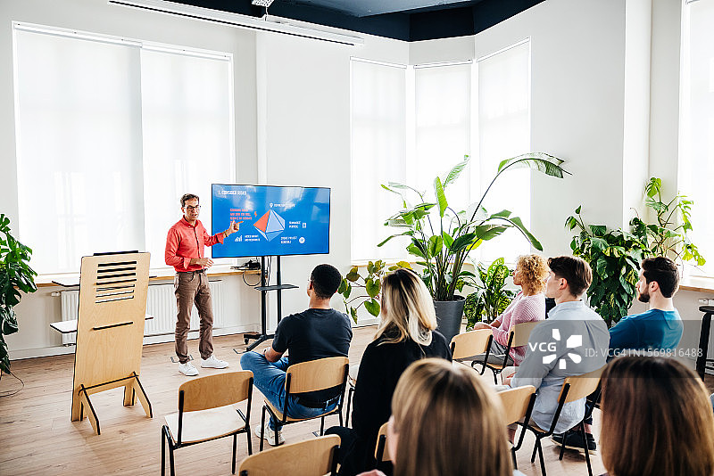 研讨会主持人使用大型显示器演示图片素材