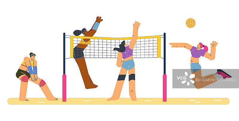 团队体育比赛矢量图，女性在球场上打排球，排球比赛图片素材