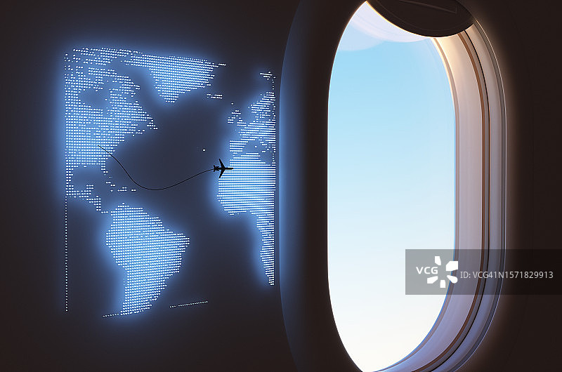 客机舷窗附近的霓虹飞行地图概念图片素材