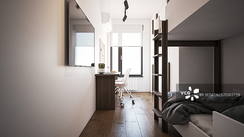 室内设计：儿童双人卧室的计算机生成图像，建筑可视化图片素材