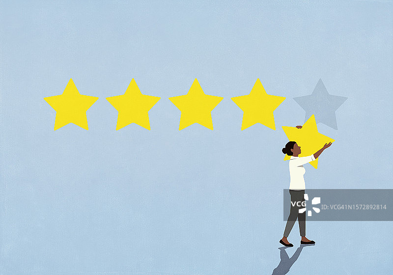 女人从蓝色背景中移除评分星星图片素材