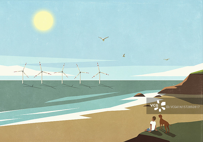 男人和狗在阳光明媚的海洋中观看风力涡轮机图片素材