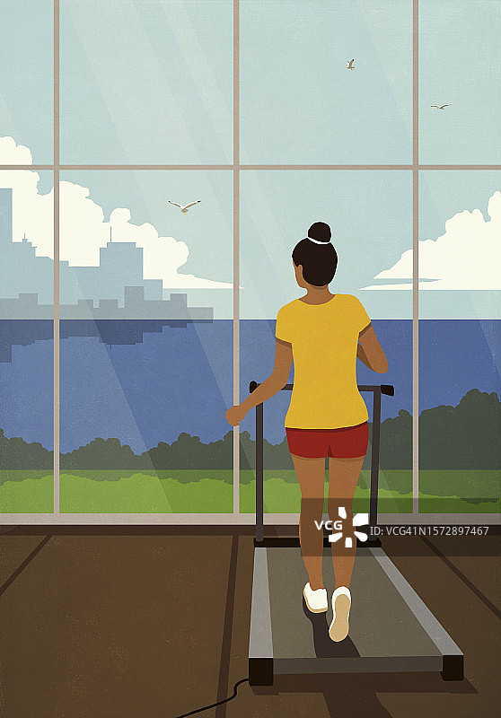 女人在跑步机上行走，窗外是城市和湖泊的景色图片素材