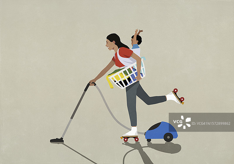 穿旱冰鞋的女人背着婴儿做家务图片素材