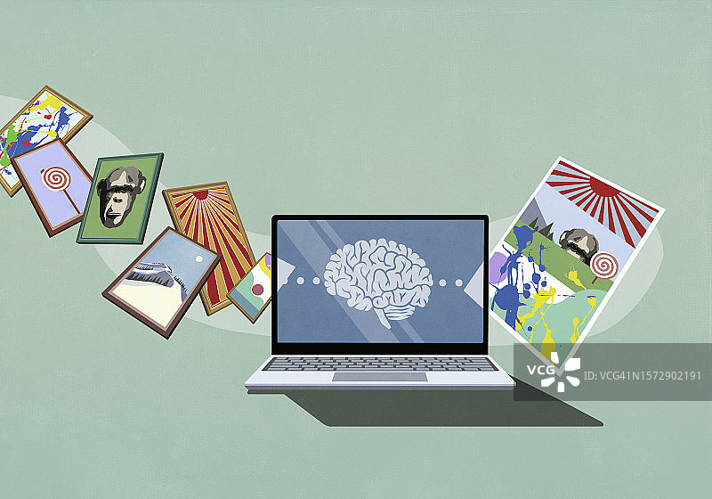 笔记本电脑屏幕上处理图像的大脑图片素材